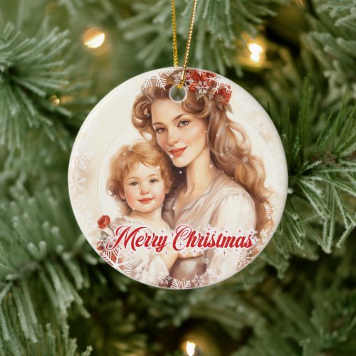 Ethereal watercolor Christmas mother with daughter Ceramic Ornament