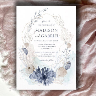 Ethereal Watercolor Coral Seashell Seaside Wedding Invitation