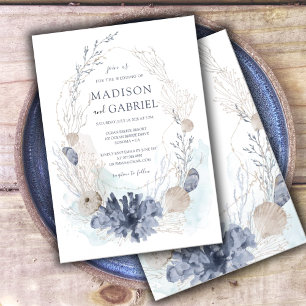 Ethereal Watercolor Coral Seashell Seaside Wedding Invitation