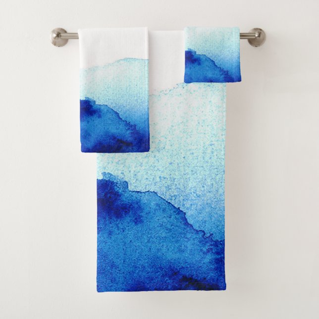 Ethereal Watercolor Indigo Blue Bath Towel Set (Insitu)