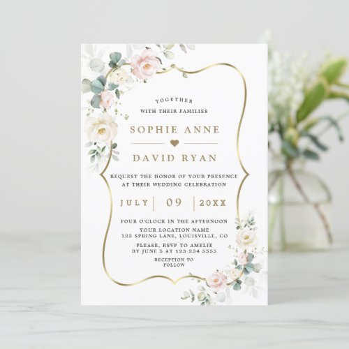 Ethereal Watercolour Roses Leaves Gold Wedding  Invitation