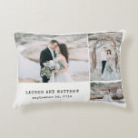 Ethereal Wedding 3 Photo Collage and Gray Stripes Decorative Pillow<br><div class="desc">This simple and stylish pillow has room for three of your personal photos,  plus your names and wedding date in vintage look typewriter text. The back features trendy  watercolor look gray stripes.</div>