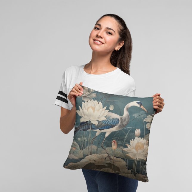 Ethereal Wetland & Blue Heron Lotus Study Throw Pillow (Creator Uploaded)