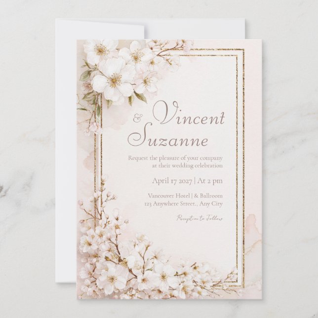 Ethereal White Blossom Gold Glitter Wedding Invitation (Front)