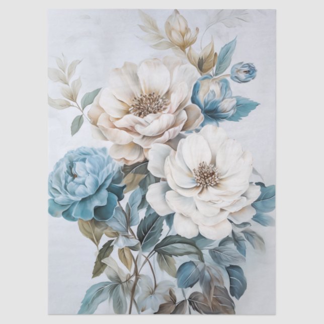 Ethereal White & Blue Floral Bouquet Decoupage Tissue Paper (Front)