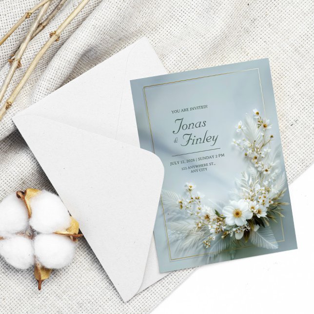 Ethereal White Floral Feather Gold Frame Wedding Invitation (Creator Uploaded)