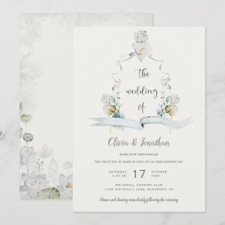 Ethereal White Floral Sage Green Crest Wedding Invitation