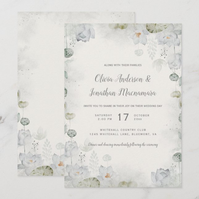 Ethereal White Floral Sage Green Teal Ivory Invitation (Front/Back)