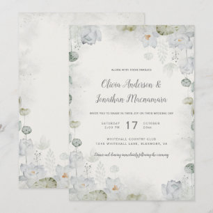Ethereal White Floral Sage Green Teal Ivory Invitation