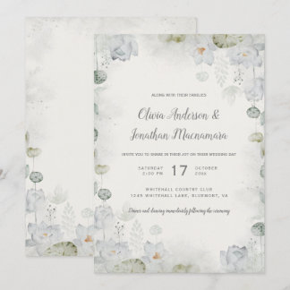 Ethereal White Floral Sage Green Teal Ivory Invitation