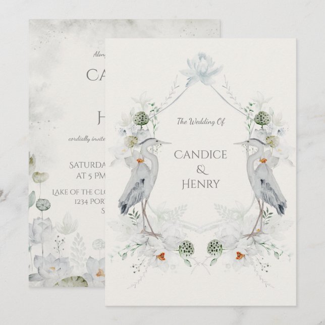 Ethereal White Flowers Blue Heron Nature Wedding Invitation (Front/Back)