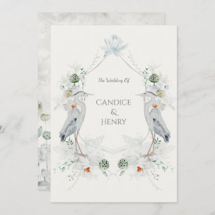 Ethereal White Flowers Blue Heron Nature Wedding Invitation