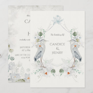 Ethereal White Flowers Blue Heron Nature Wedding Invitation