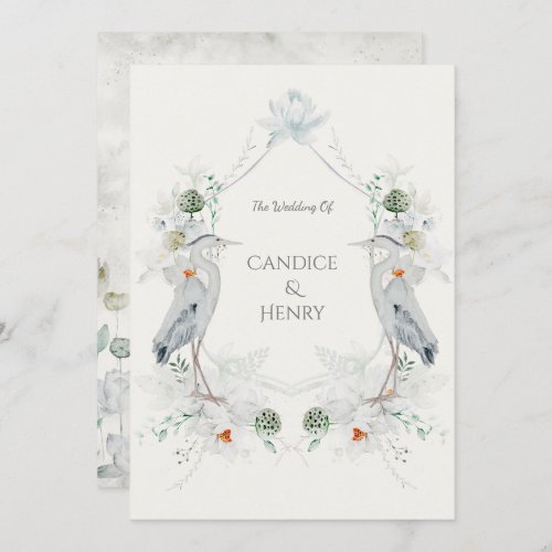Ethereal White Flowers Blue Heron Nature Wedding Invitation