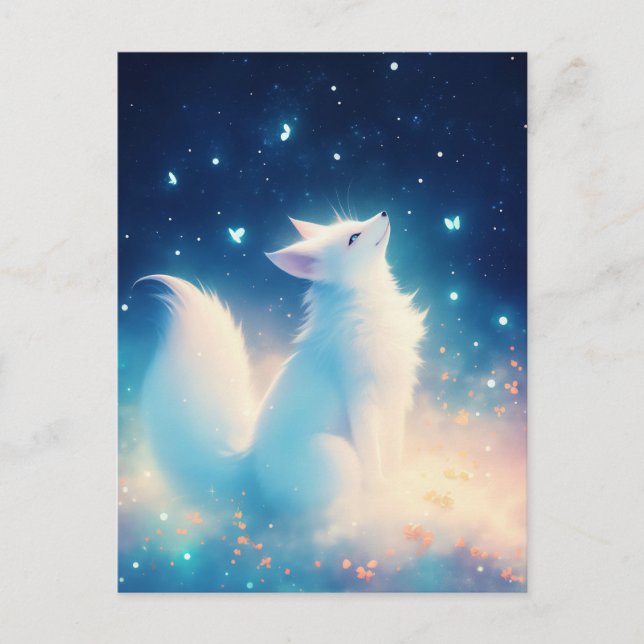 Ethereal White Fox Under Starry Sky Postcard (Front)