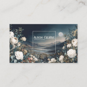 Ethereal White Rose Floral and Full Moon Night Business Card
