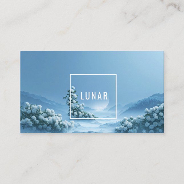 Ethereal White Rose Floral and Snowy Mountain Moon Business Card (Front)