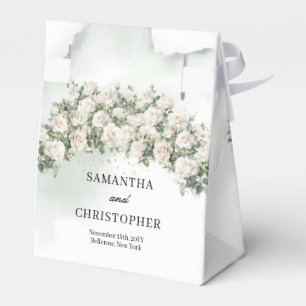 Ethereal white roses wreath greenery gold wedding favor boxes