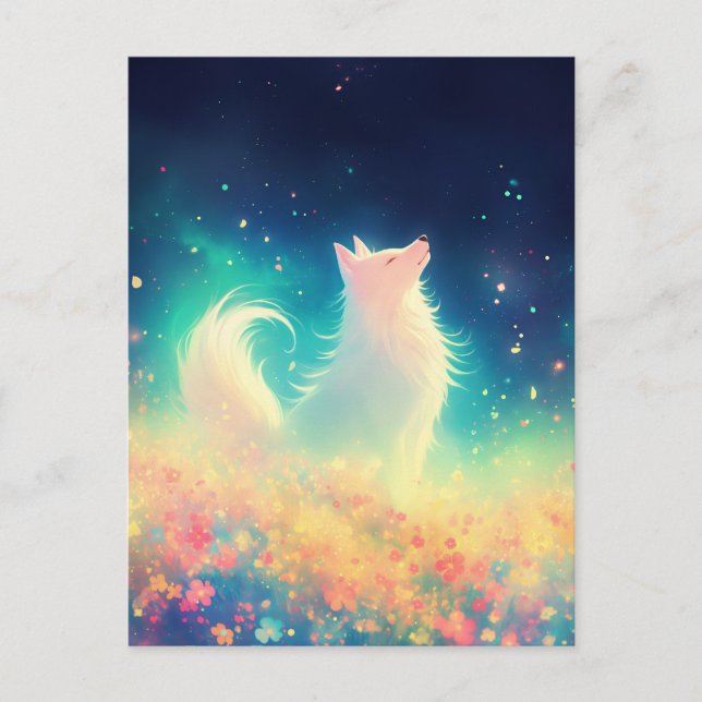 Ethereal White Wolf in Luminous Meadow Postcard (Front)