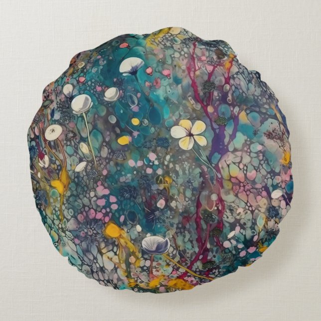 Ethereal Wildflower Dreams Abstract Art Design Round Pillow (Back)