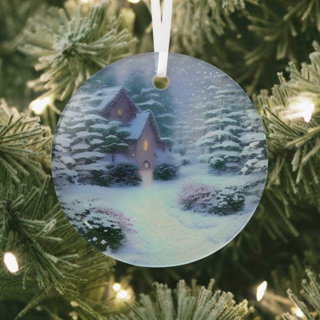 Ethereal Winter Scene Kinkade Inspired Glass Ornament (Insitu)