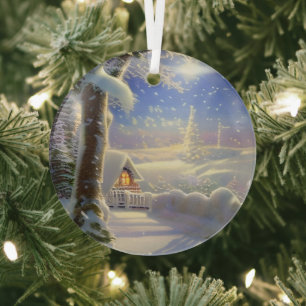 Ethereal Winter Scene Kinkade Inspired Glass Ornament