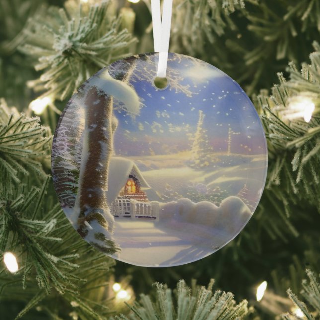 Ethereal Winter Scene Kinkade Inspired Glass Ornament (Insitu)