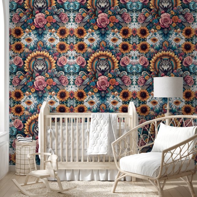 Ethereal Wolf & Sunflower Rose Magic Wallpaper (Kids)