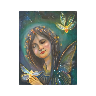 Ethereal Woman Holding Gold Fairylike Butterflies Metal Print