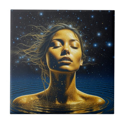 Ethereal Woman Meditating Under the Stars Ceramic Tile