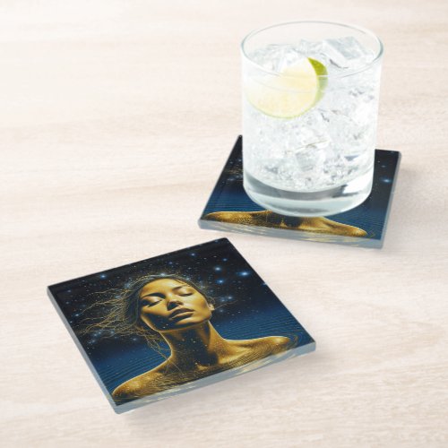Ethereal Woman Meditating Under the Stars Glass Coaster