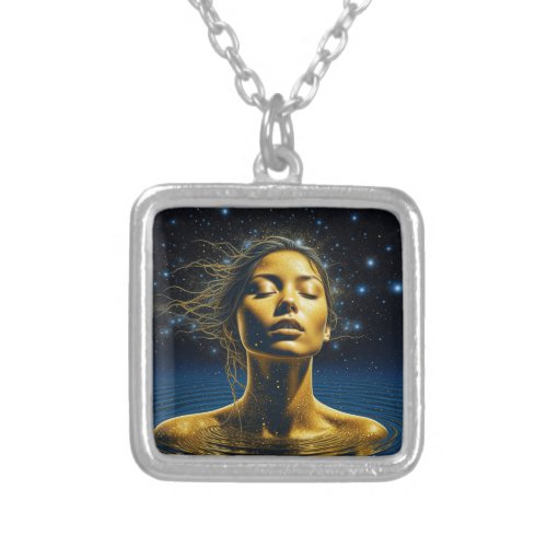 Ethereal Woman Meditating Under the Stars Silver Plated Necklace