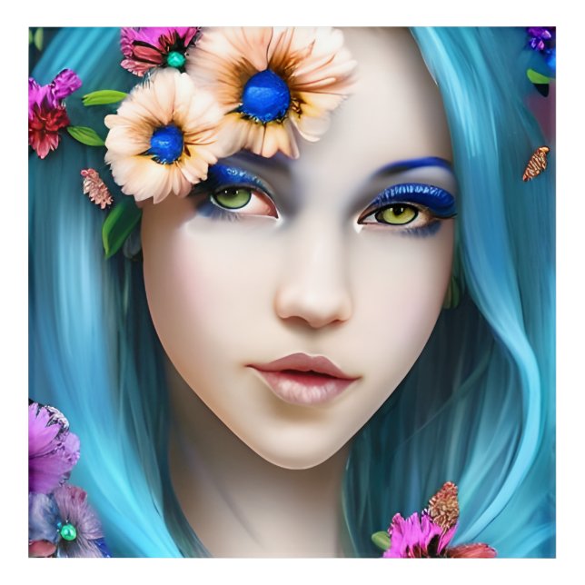 Ethereal Woman with Flowers in her Blue Hair Acrylic Print (Front)