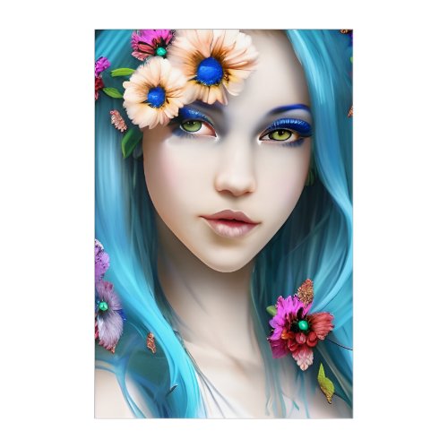 Ethereal Woman with Flowers in her Blue Hair Acrylic Print