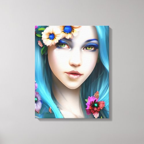 Ethereal Woman with Flowers in her Blue Hair Canvas Print