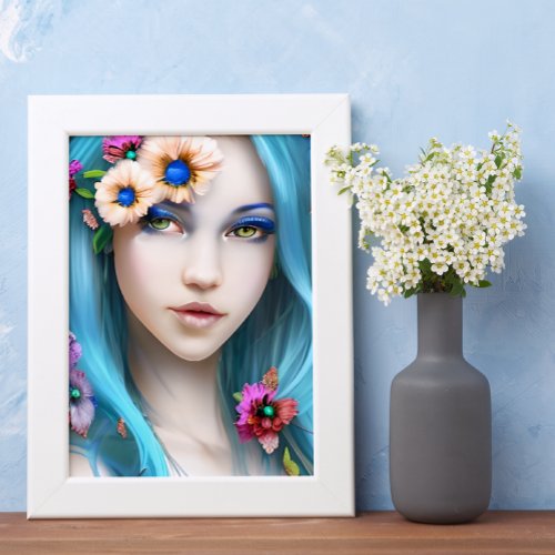 Ethereal Woman with Flowers in her Blue Hair Poster
