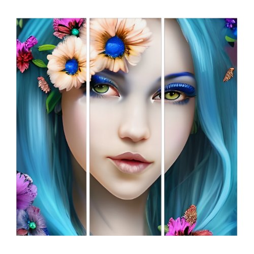 Ethereal Woman with Flowers in her Blue Hair Triptych