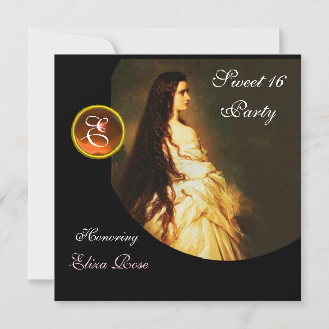 ETHERNAL BEAUTY,SWEET 16 YELLOW,BLACK WHITE DAMASK INVITATION (Front)