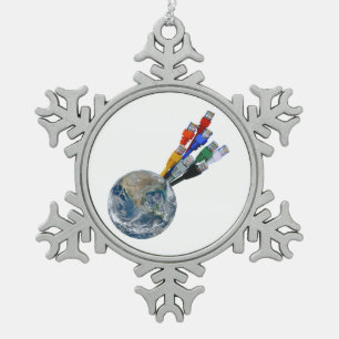 Ethernet Network Connected Earth Snowflake Pewter Christmas Ornament