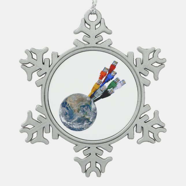 Ethernet Network Connected Earth Snowflake Pewter Christmas Ornament (Front)