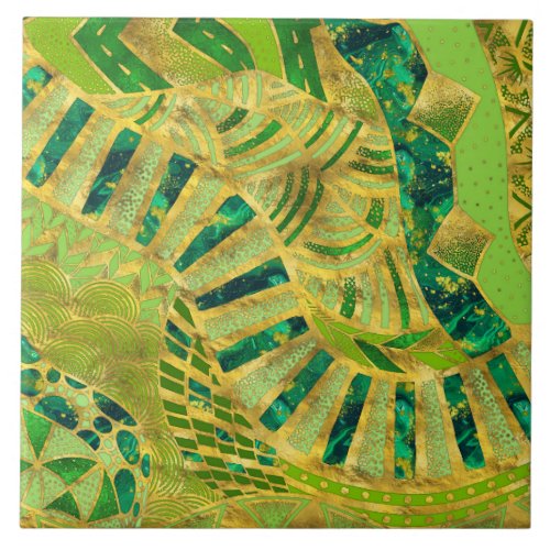 Ethic Tribal Ornament _ Greens and Gold Ceramic Tile