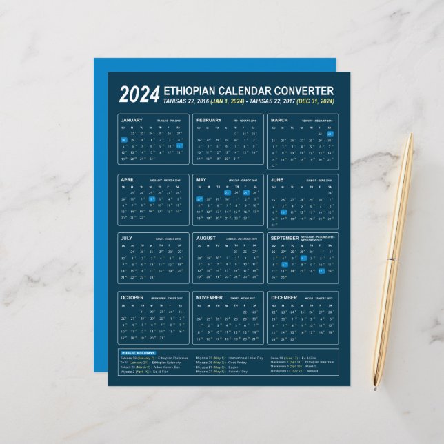 Ethiopian Calendar Converter for Year 2024 (Front/Back In Situ)