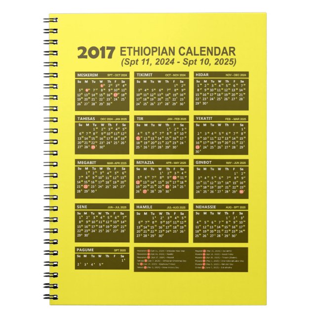 Ethiopian Calendar for year 2024 and 2025 Notebook (Front)