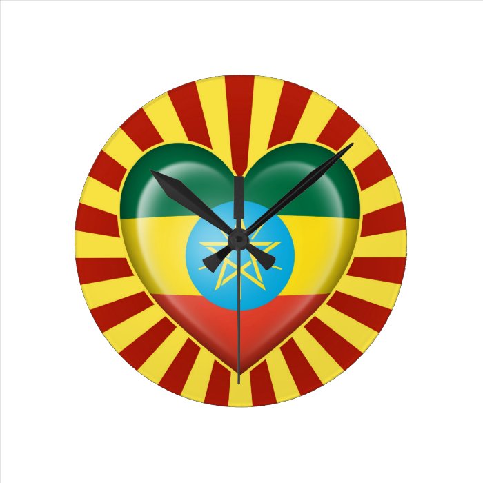 Ethiopian Heart Flag with Sun Rays Wall Clocks