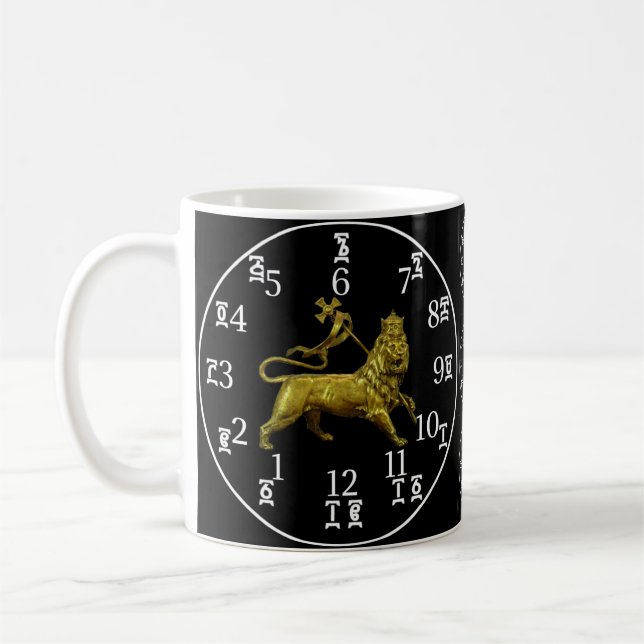 Ethiopian Lion Clock Mug- Amharic-English Numbers Coffee Mug (Left)