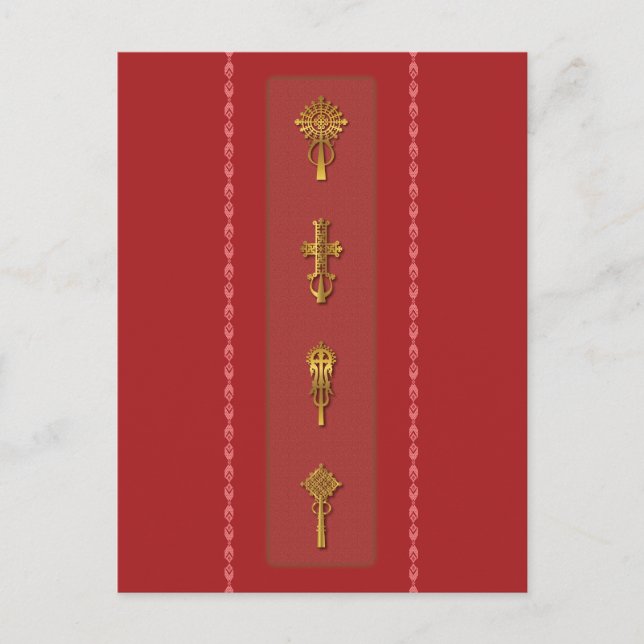 Ethiopian Orthodox Crosses – Gold on Red Postcard (Front)