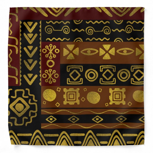 Ethnic African Golden Pattern on black and brown Bandana (Front)