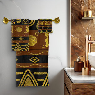 Ethnic African Golden Pattern on black and brown Bath Towel Set