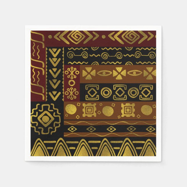 Ethnic African Golden Pattern on black and brown Paper Napkins (Front)