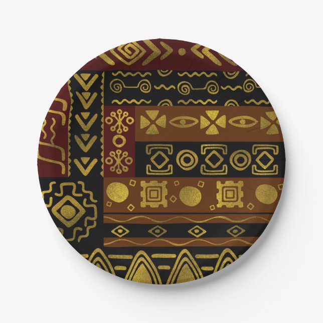 Ethnic African Golden Pattern on black and brown Paper Plates (Front)